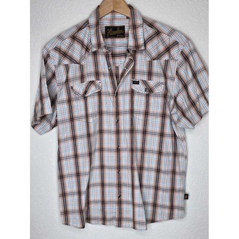 New Howler Bros H Bar B Pearl Snap Shirt S/S Men L Plaid Western Rodeo Ranch